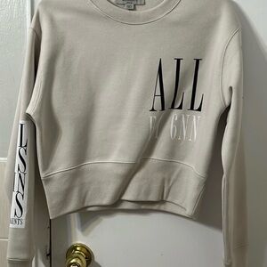All Saints Cream Cropped Crewneck Sweater with Black Logo